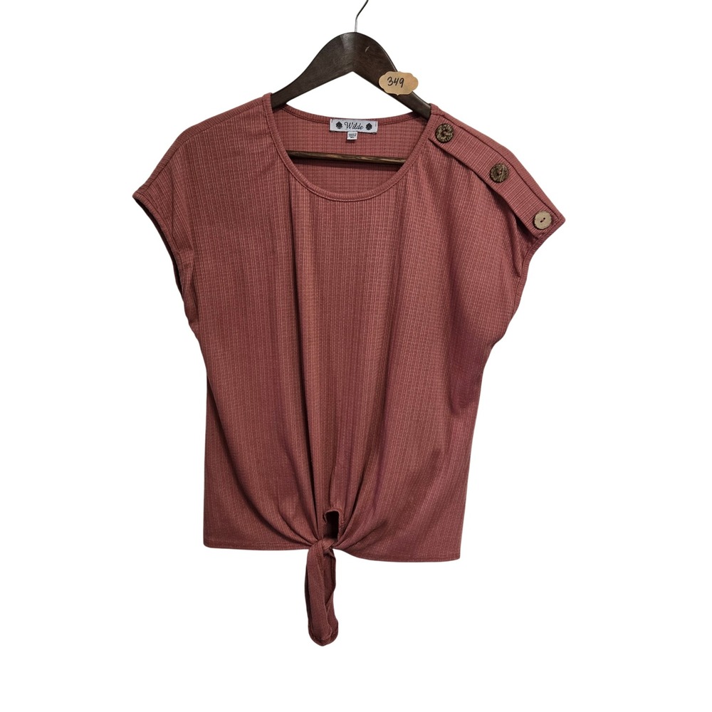 Wilde Womens‎ Ribbed Knit Tie Front Top Mauve Pink Button Shoulder XL